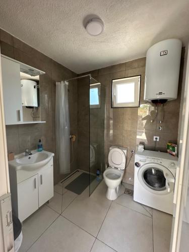 a bathroom with a toilet a sink and a washing machine at Apartman Đurišić in Prijevor