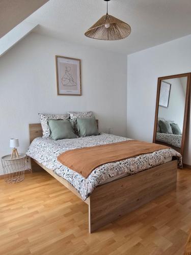 a bedroom with a large bed and a mirror at Charmante maison Marnaise in Vauclerc