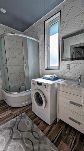 a bathroom with a washing machine and a sink at Хата над гуком in Kosiv
