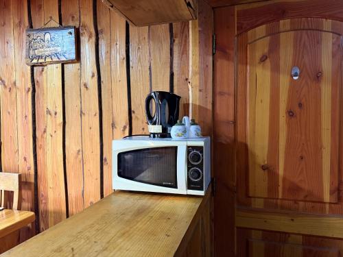 a microwave sitting on top of a counter in a kitchen at Refugio Barbara Coñaripe in Coñaripe