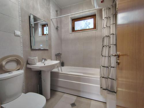 a bathroom with a sink and a toilet and a bath tub at Апартамент за гости Александър in Chepelare