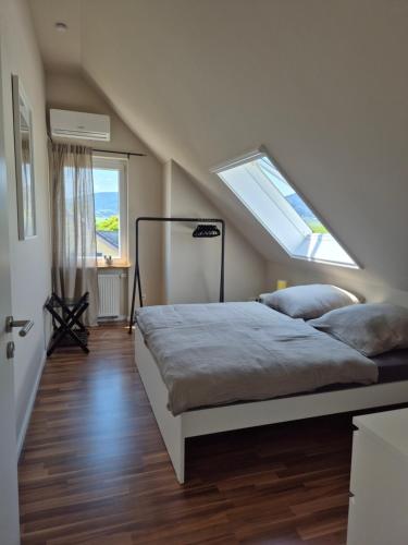 a bedroom with a large bed with a skylight at Rebenmeer Wohnung in Roschbach in Roschbach