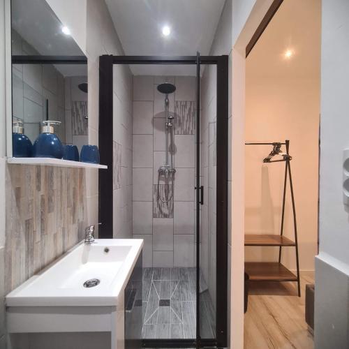 a bathroom with a shower and a white sink at Double studio en face a face in Tuchan