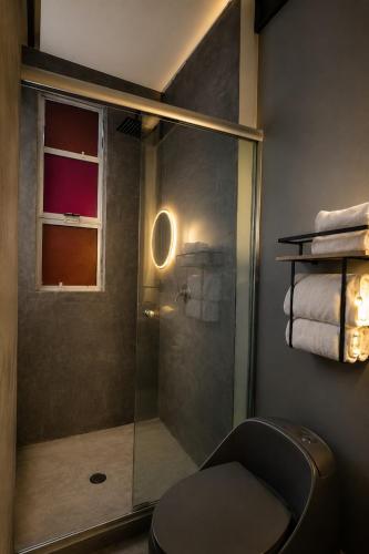 a bathroom with a shower with a toilet and a window at Hotel Casa Anzures in Mexico City