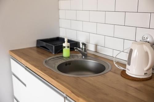 a kitchen counter with a sink and a mixer at Ada Niechorze in Niechorze