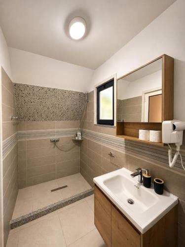 a bathroom with a sink and a shower at Koman Twin Cabins in Gushtë