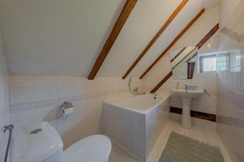 a white bathroom with a sink and a toilet at Apartmány Stodola in Malá Morávka