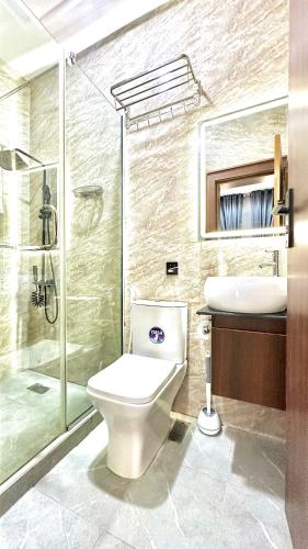 ein Badezimmer mit Toilette, Dusche und Waschbecken in der Unterkunft Opic Shortlets in Agege