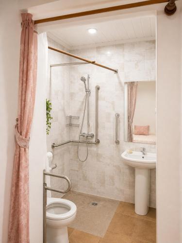 a bathroom with a shower and a toilet and a sink at Mandinga Guest house in São Tomé