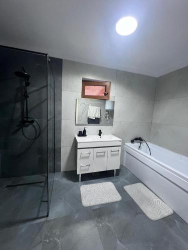 a bathroom with a shower and a sink and a tub at Casa Angela in Râu de Mori