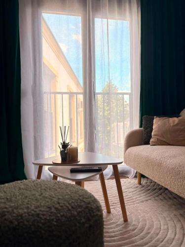 a living room with a coffee table and a window at Salt Square Residence in Tuzla
