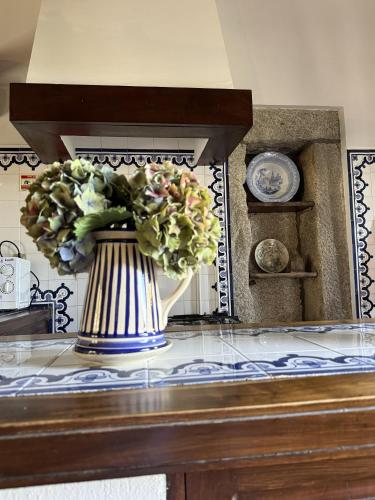 a flower arrangement in a vase on a counter at Paco d'Anha in Viana do Castelo