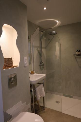 a bathroom with a shower and a toilet and a sink at Origines Be Holistic in Brengues