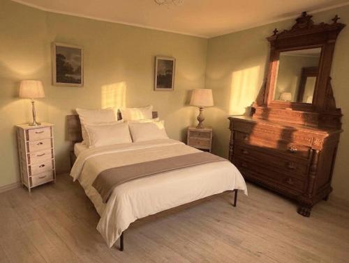 a bedroom with a bed with a dresser and a mirror at Casa di Paola Spormaggiore in Spormaggiore