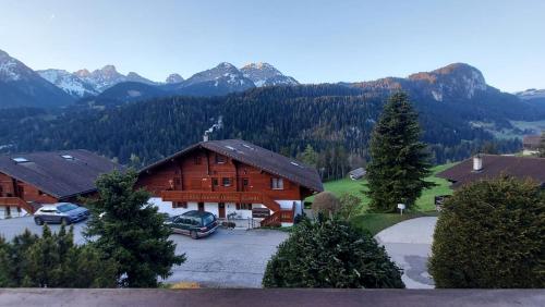 a large wooden building with cars parked in a parking lot at Chalet Valentina in Chateau-d'Oex