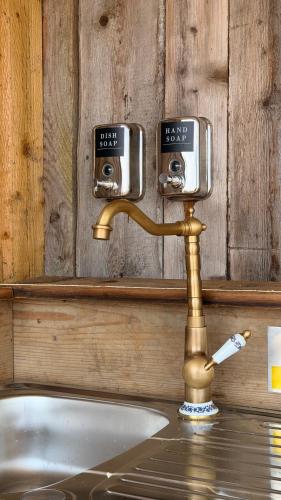 a brass water faucet in a bathroom with a sink at Star Gazing Dome 1 with cozy log burner in Horspath