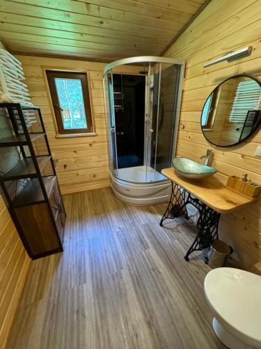 a bathroom with a shower and a sink and a mirror at Mazurski lasek in Szwejkowo