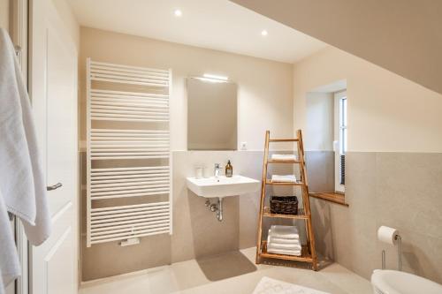 a bathroom with a sink and a toilet and a ladder at Kreuzkate-Ostholstein in Manhagen
