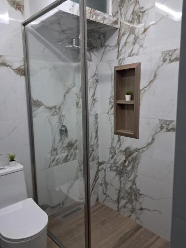 a bathroom with a shower and a toilet at CB Oasis Signature in Ica