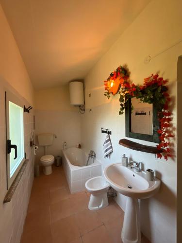 a bathroom with a sink and a tub and a toilet at La Radura in Roccamorice