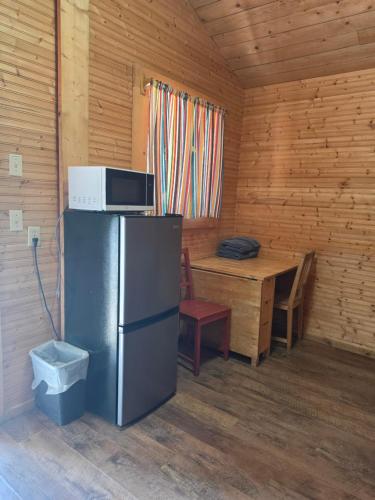 a kitchen with a refrigerator and a table in a cabin at Noah's Ark Campground in Malakwa