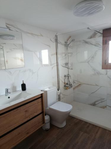 a bathroom with a toilet and a sink and a shower at La calma de Arnedillo in Arnedillo