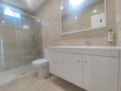 ein Badezimmer mit Toilette, Waschbecken und Dusche in der Unterkunft Barcelos Habadia Espigueiro in Lijó