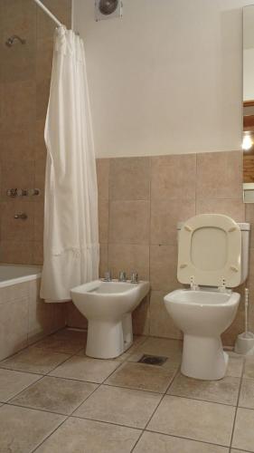 a bathroom with a toilet and a sink and a shower at Hosteria Lekun Lekun in Villa La Angostura