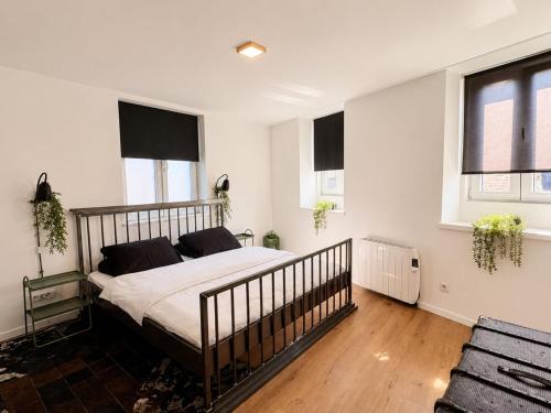 a bedroom with a bed and two windows at Chic vintage apartment in Spa in Spa
