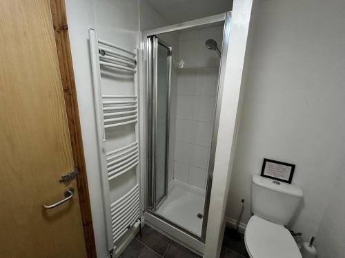 a small bathroom with a shower and a toilet at The Nook in Bedford