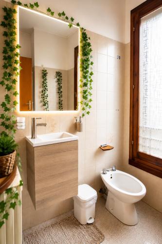 a bathroom with a sink and a toilet and a mirror at Luna al Monte in Cuasso Al Monte