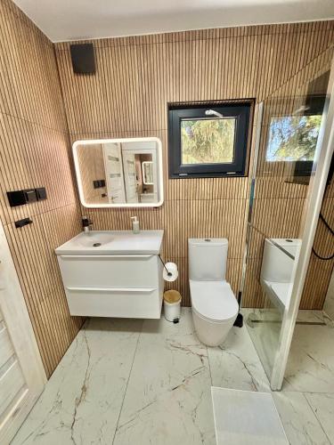a bathroom with a toilet and a sink and a mirror at Osada Leonówka in Leonów