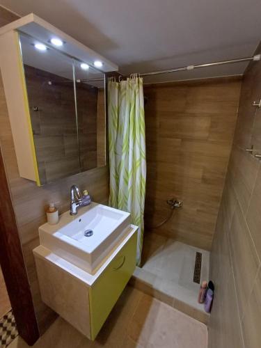 a bathroom with a sink and a shower at Tom & Jerry - Family Apartment in Pottendorf