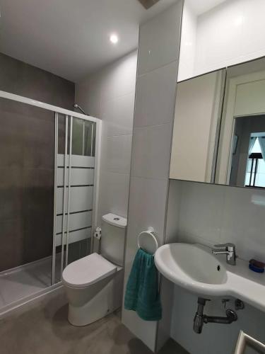 a bathroom with a toilet and a sink and a shower at Apartamento Carreira Sada in Sada