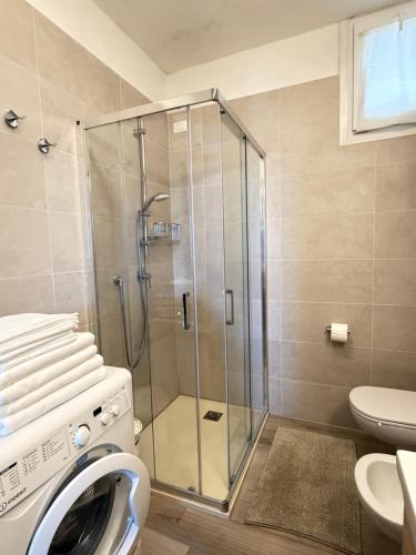 a shower in a bathroom with a washing machine at Flowers & garden apartment con vista lago in Manerba del Garda