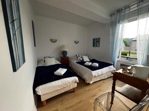 a bedroom with two beds and a window at Ancien hôtel du Thaurion in Saint-Hilaire-le-Château