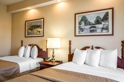 a hotel room with two beds and a lamp at Quality Inn Greeneville - Tusculum in Greeneville