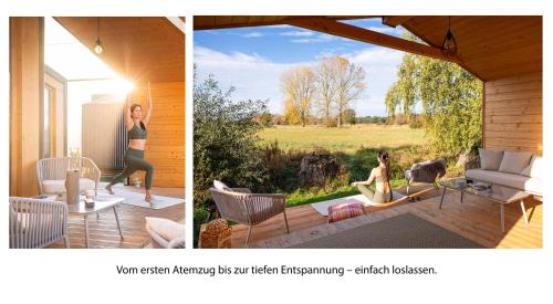 a collage of two pictures of a woman on a porch at 110 Tiny House mit traumhaftem Blick über die Wiese in Bleckede