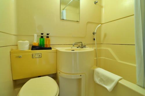 a small bathroom with a toilet and a sink at Ribera Inn in Satsumasendai