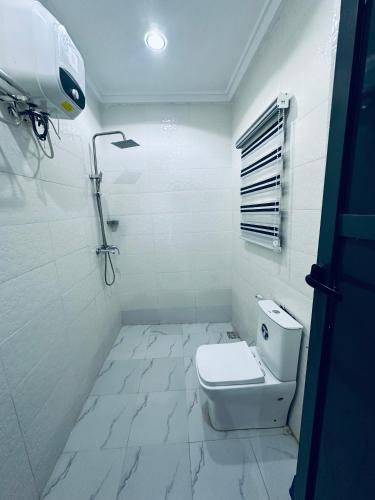 a white bathroom with a toilet and a shower at April shortlet apartments in Lagos