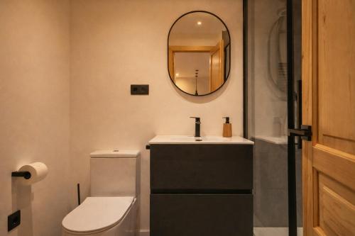 a bathroom with a toilet and a sink and a mirror at Luderna - Apartamento con terraza Artigues in Arties