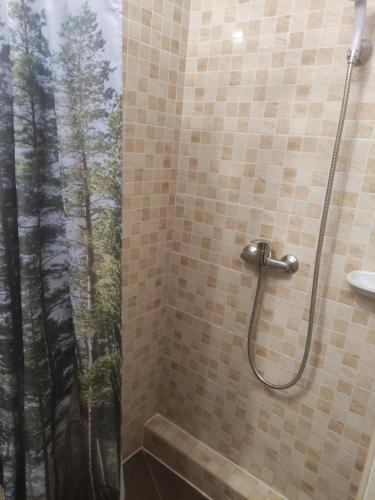 a shower with a glass door with a view of trees at Kék Vándor Vendégház in Rédics
