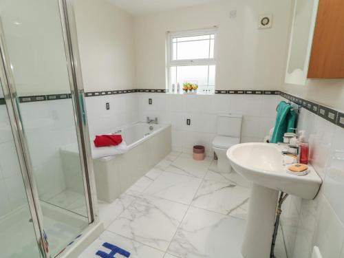 a bathroom with a shower and a sink and a toilet at The Sperrin Getaway in Omagh