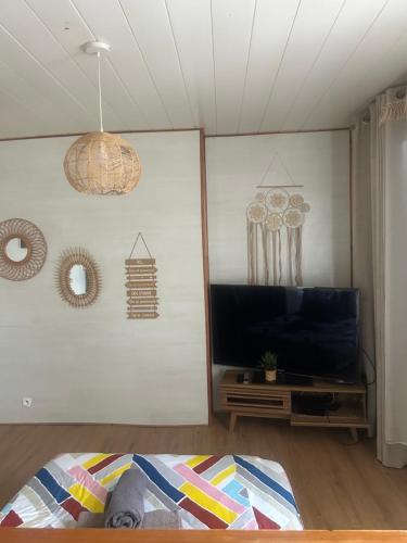 a living room with a flat screen tv on a wall at Le Cocoon - 2mn gare SNCF, hyper centre, WIFI-NETFLIX in Niort