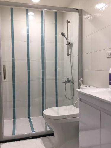 a bathroom with a shower and a toilet and a sink at 舒室民宿 in Tainan