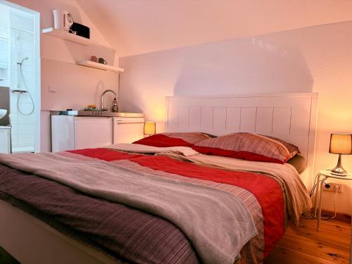a bedroom with a large bed with a red blanket at Apartmenthaus Schlanow in Detmold