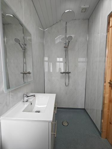 a bathroom with a sink and a shower and a mirror at Maggies Cottage in Manorhamilton