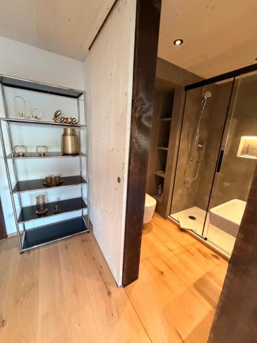 ein Badezimmer mit Dusche und begehbarem Kleiderschrank in der Unterkunft Eva's Seeblick in Krattigen