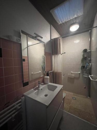a bathroom with a sink and a mirror and a toilet at Logement avec parking max 7 personnes in Eauze