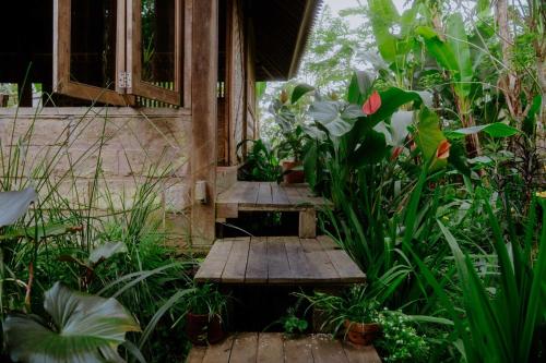 a porch with two wooden benches in a garden at Cosy Cottage Living Harmoniously in Tabanan